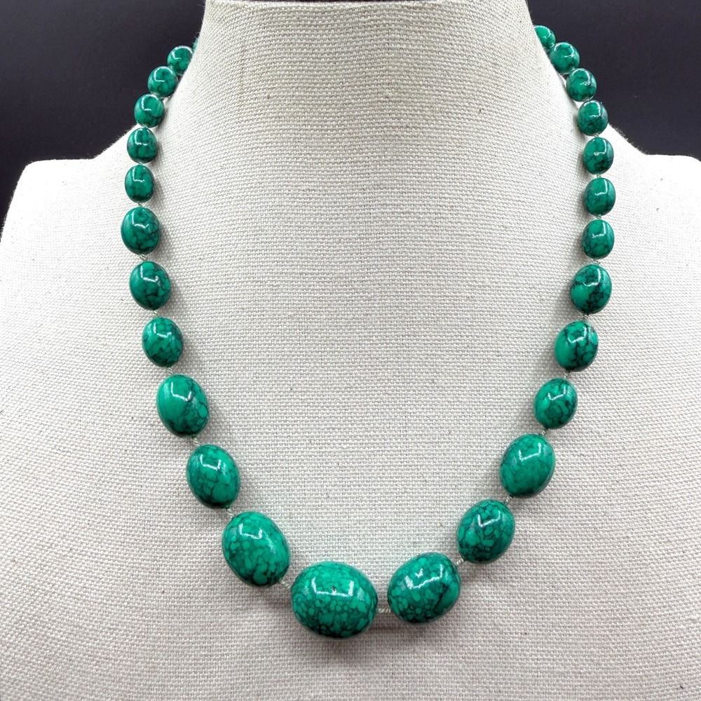 Turquoise Green Oval Bead Necklace Graduated Knotted Statement Jewelry Gift